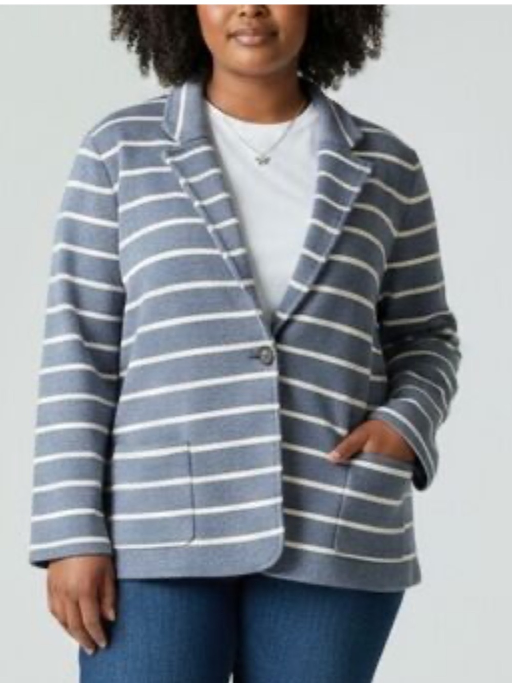 Talbots Striped Blue Grey White Sweater Button Soft Blazer Cardigan XL